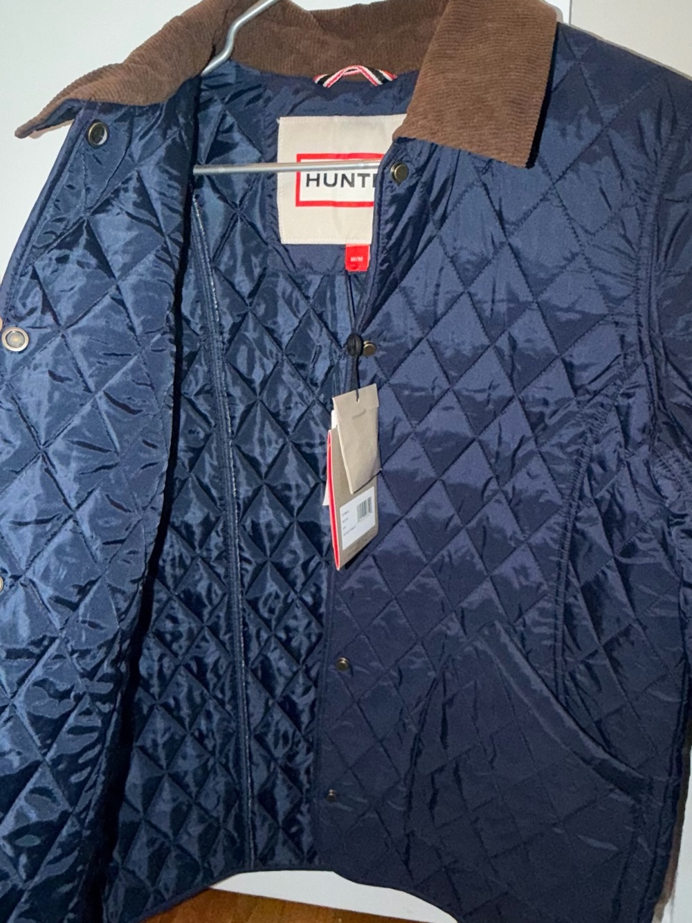 Hunter Rachel Navy Quilted Jacket with Brown Corduroy Collar Women New - Picture 4 of 7